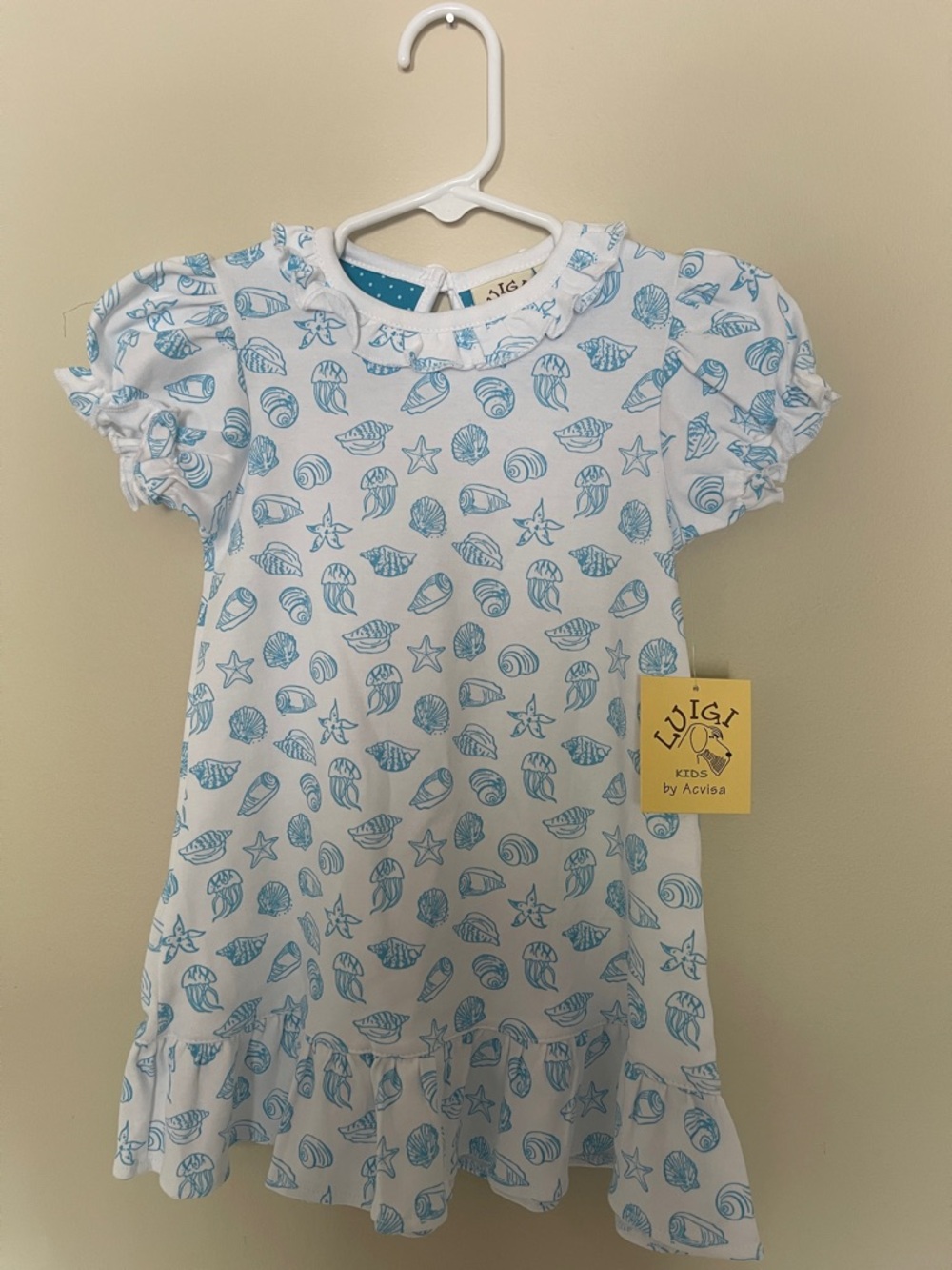 Luigi Kids White Dress with Blue Seashell Print